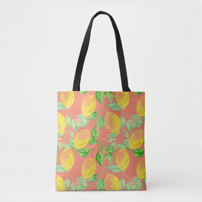 Tote Bag Fruit citron motif jaune et pêche rose (Devant)