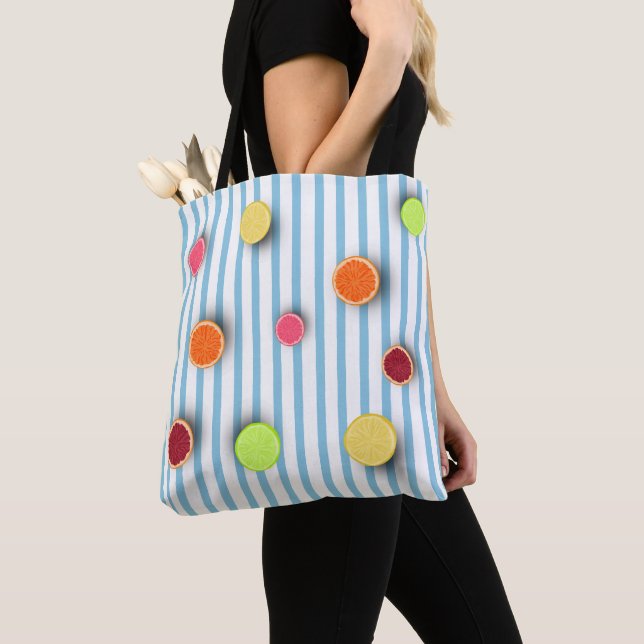 Tote Bag Fruits d'agrumes sur Bébé Blue Stripes Motif (De près)