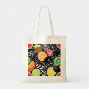 Tote Bag Fruits tropicaux colorés, fond noir.