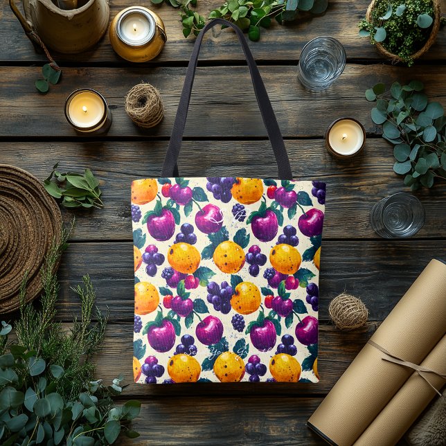 Tote Bag Fruits vibreux avec raisins, pommes et oranges (Créateur téléchargé)