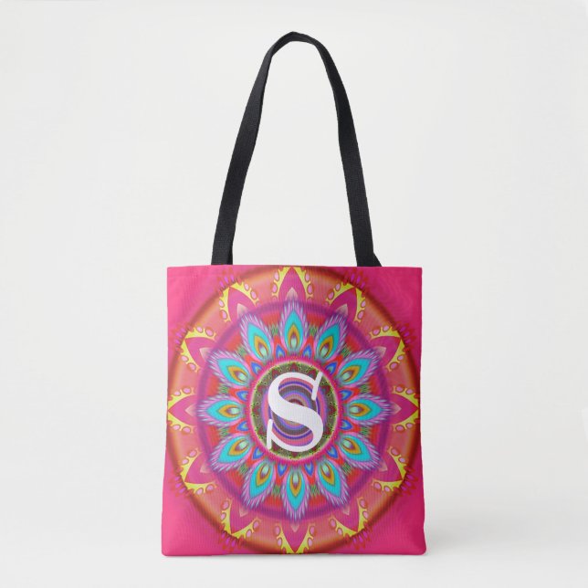 Tote Bag Fuchsia psychédélique initial fait sur commande de (Devant)