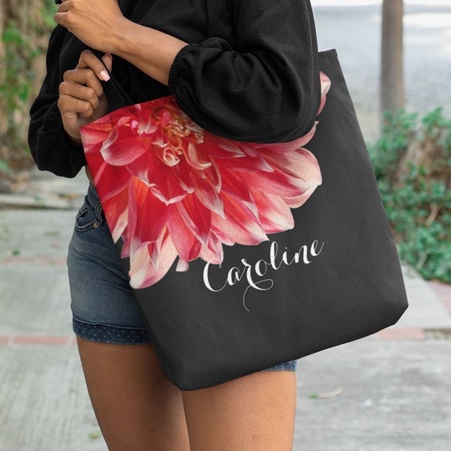 Tote Bag Fun Chic Peach Rose Rouge Dahlia Flower Photo (Créateur téléchargé)