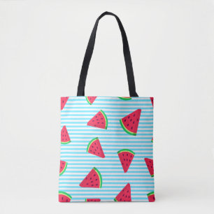 Tote Bag Fun Chic Watermelon Slices Blue Lines Motif