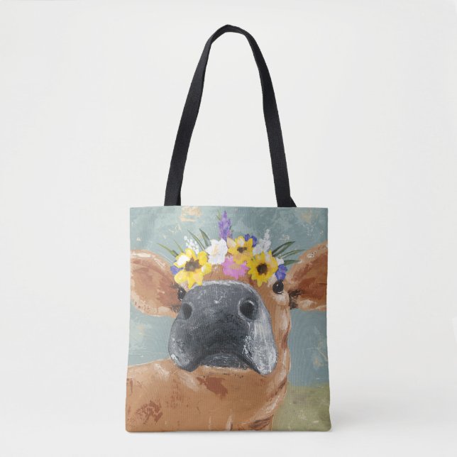 Tote Bag Fun de ferme - Vache avec couronne de fleurs (Devant)