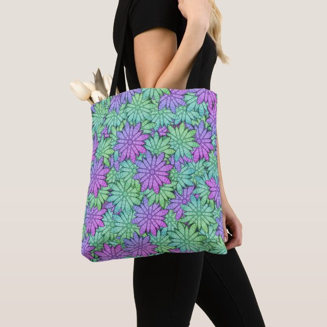 Tote Bag Fun Purple et Fleurs vertes (De près)
