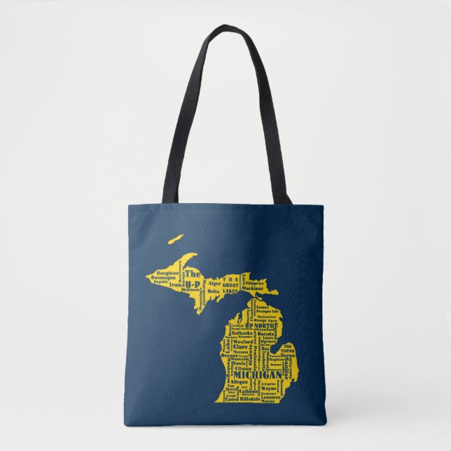Tote Bag Fun Yellow et Navy Blue State of Michigan villes (Devant)