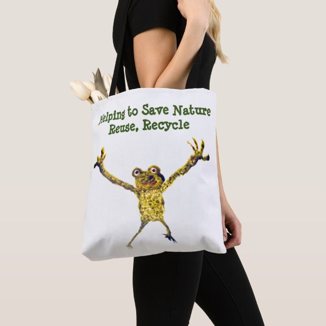 Tote Bag Funky Animal Frog Recycle Message (De près)