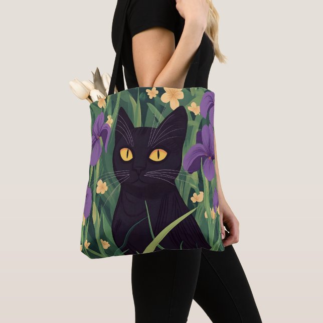 Tote Bag Funny Black cat and Beautiful Flower (De près)