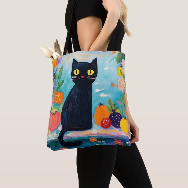 Tote Bag Funny Black Cat with Colorfull  Fresh Fruit (De près)