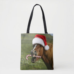 Tote Bag Funny Christmas horse with Santa a smiling