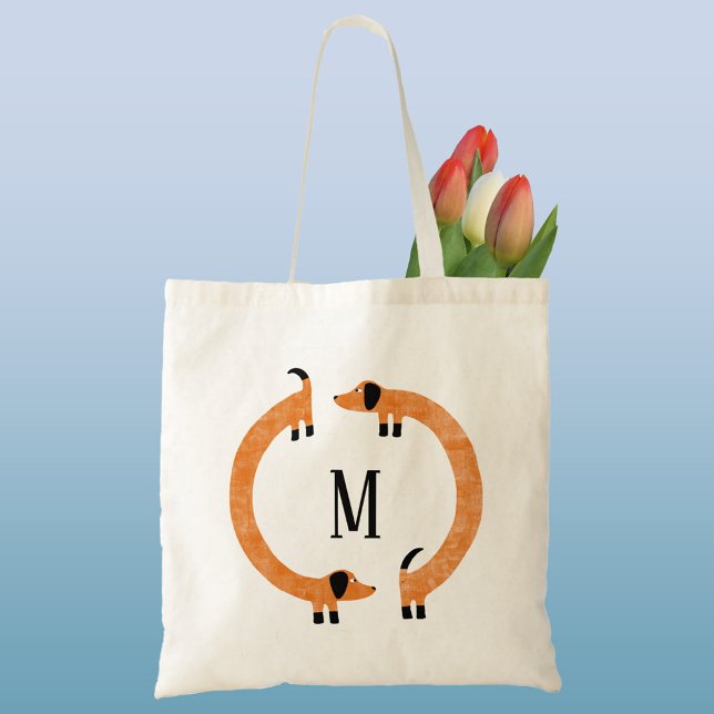 Tote Bag Funny Dachshund Saucisse Chien Monogramme (Funny Dachshund Wiener Sausage Dog monogram initial personalized tote bag)