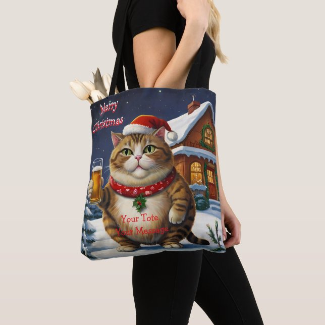 Tote Bag Funny Festif chat de Noël avec verre de bière (De près)
