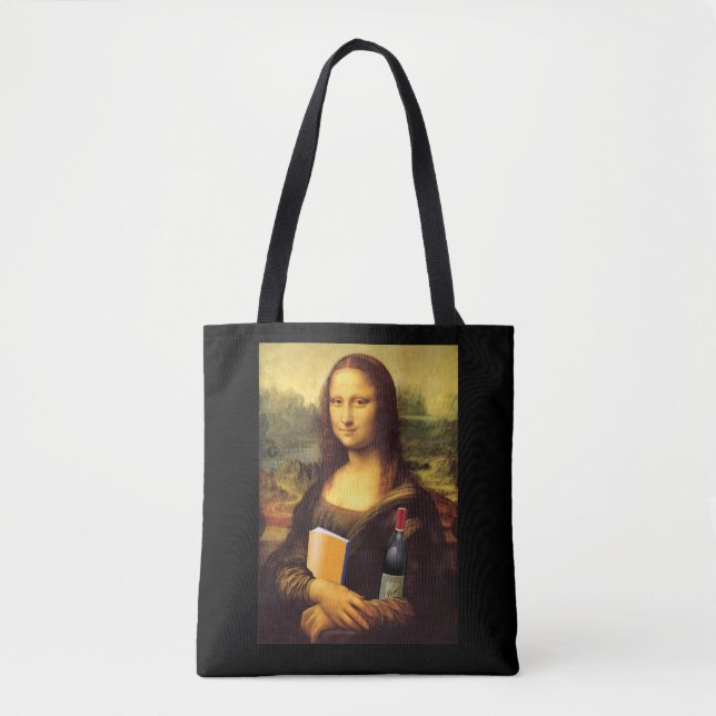 Tote Bag Funny Mona Lisa Livre et vin (Devant)