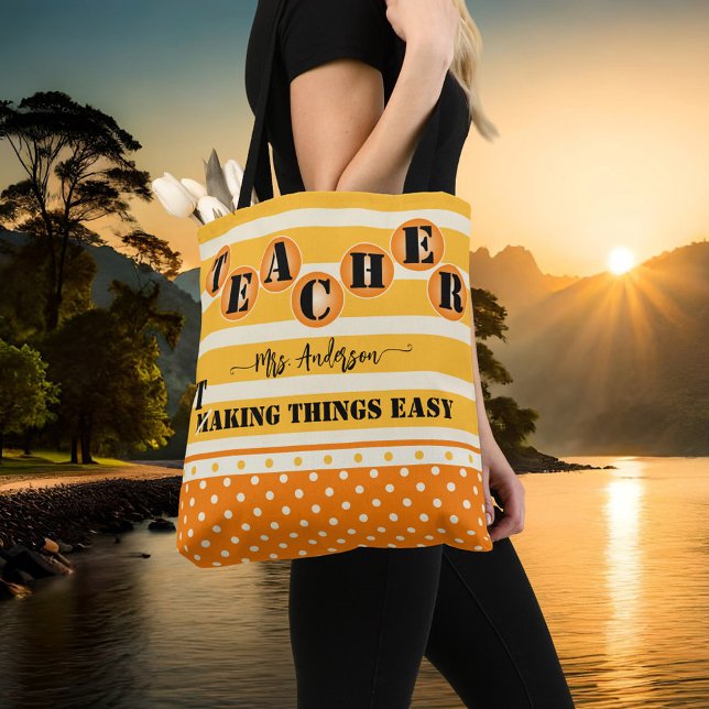 Tote Bag Funny Orange Stripes Enseignant Pois (A cheerful and funny teacher tote bag featuring an orange ocher design with stripes and polka dots)