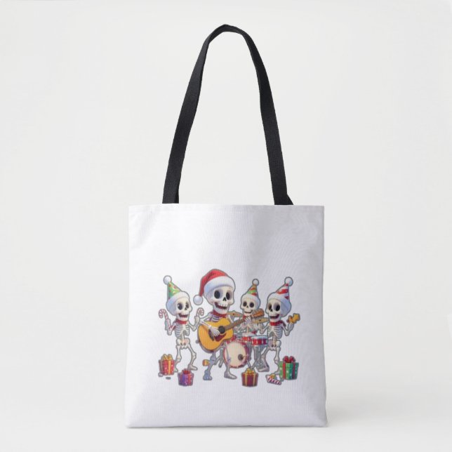 Tote Bag Funny Skeleton Band Christmas & New Year – 3D Cart (Devant)