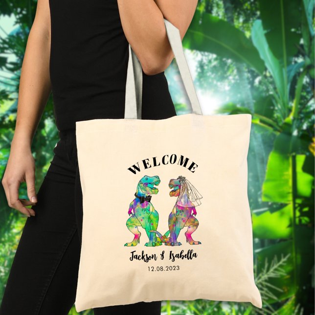 Tote Bag Funny T Rex Mariée et Mariage de chambre Bienvenue (T-Rex bride and groom colorful dinosaur wedding welcome tote bag)