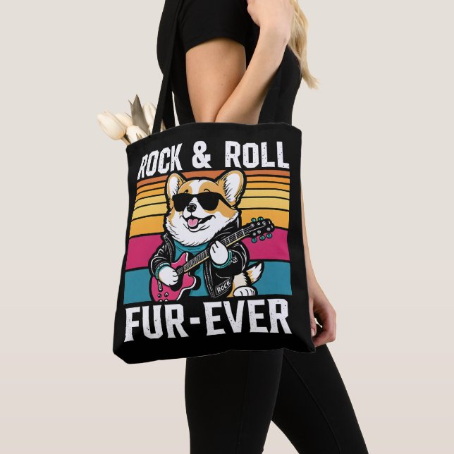 Tote Bag Fur-Ever Rock & Roll With A Rockin Corgi (De près)