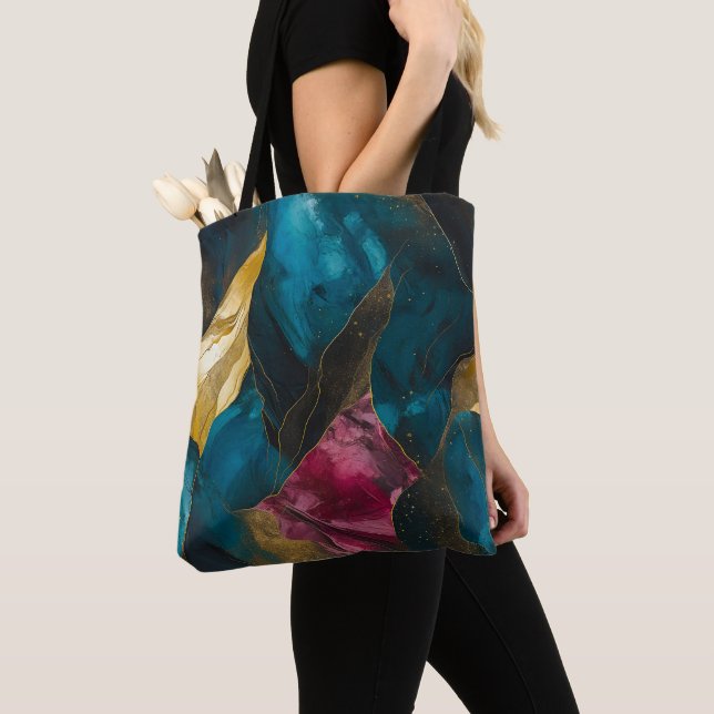 Tote Bag Fusion de marbre sarcelle et or de minuit (De près)