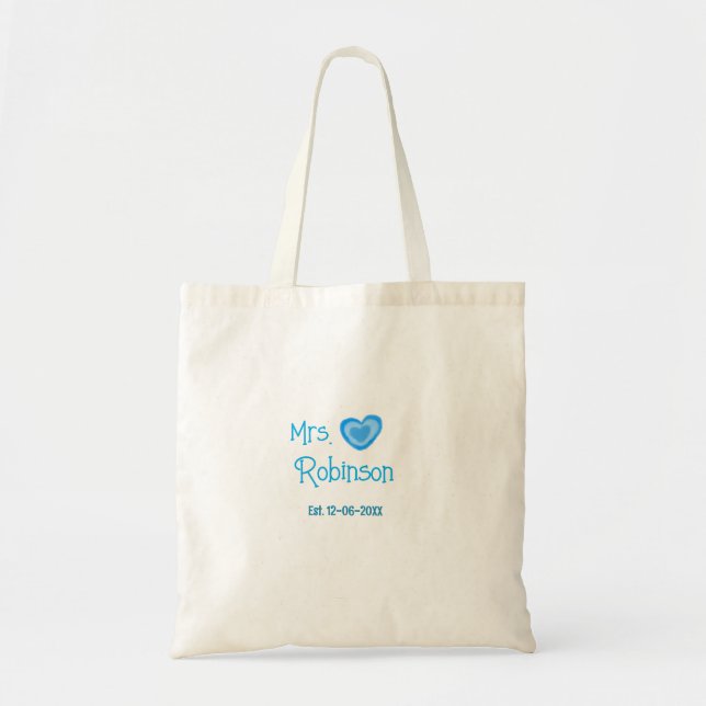Tote Bag Futur mariée Mme ajouter nom date bleu cœur aquare (Devant)