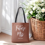 Tote Bag Futur Mme Bride Terracotta Mariage Brown<br><div class="desc">Bouton de mariée avec Avenir du texte Mme Terracotta/Orange brûlé/Blanc Brown. Consultez notre collection de magasins ci-dessous pour les articles correspondants.</div>