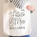Tote Bag Futur Mme Noir Script Moderne Mariage Personnalisé<br><div class="desc">Scénario de calligraphie noire chic et moderne "Future Mrs",  le sac fourre-tout de mariage de la mariée,  propose un texte personnalisé qui peut être personnalisé avec le nom de famille de la mariée. Accessoire parfait pour la soirée bachelorette et le week-end mariage !</div>
