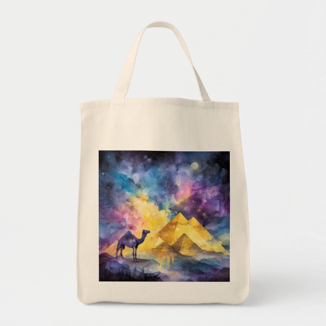 Tote Bag Galaxie Désertique au Caméléon et Pyramide à l'Aqu (Devant)
