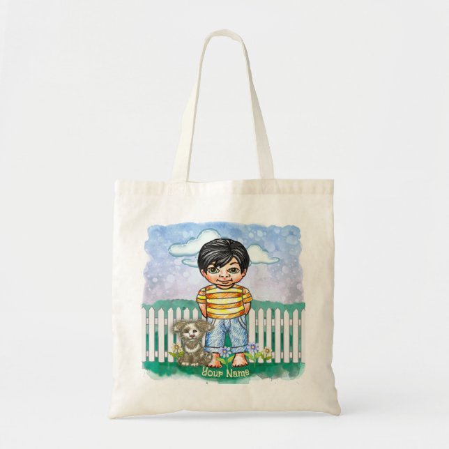 Tote Bag Garçon aux cheveux noirs et chien (Devant)