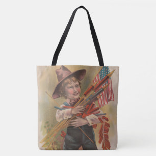 Tote Bag Garçon avec Feux d'Artifice, Drapeau Américain, Im