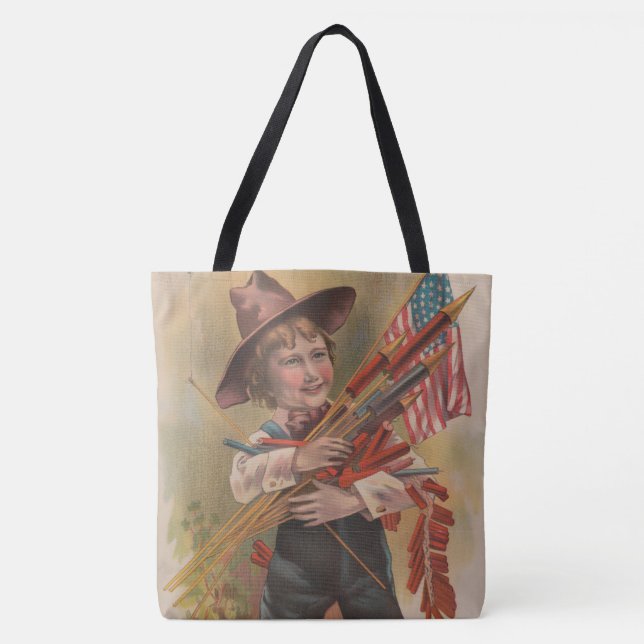 Tote Bag Garçon avec Feux d'Artifice, Drapeau Américain, Im (Devant)