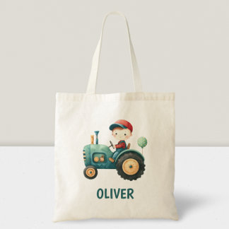 Tote Bag Garçon mignon tracteur vert personnalisé