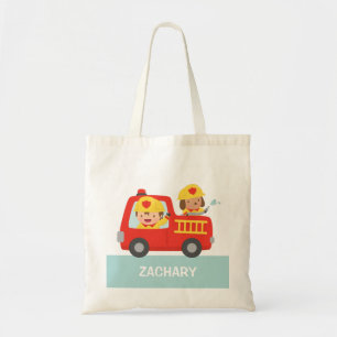 Tote Bag Garçon pompier et chien Camion de pompiers rouge p