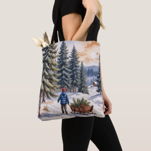 Tote Bag Garçon tirant un traîneau avec des branches de sap