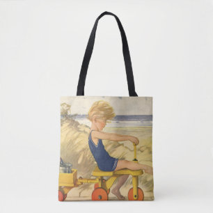 Tote Bag Garçon vintage jouant à la plage avec des jouets d