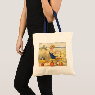 Tote Bag Garçon vintage jouant à la plage avec des jouets d