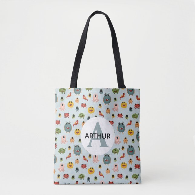 Tote Bag Garçons Bleu mignon Monstre Alien Motif Monogramme (Devant)
