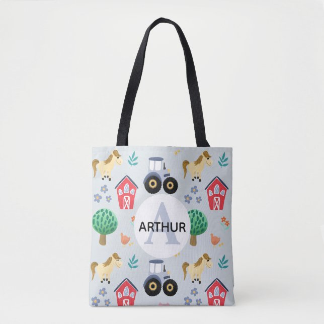 Tote Bag Garçons Cute Blue Farm Animal Tracteur Motif Enfan (Devant)