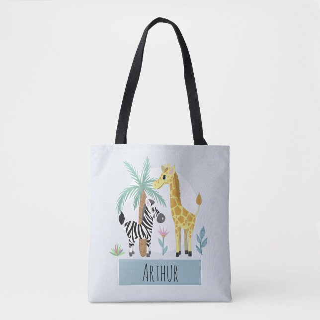 Tote Bag Garçons Cute Safari Animaux Giraffe et nom Enfants (Devant)