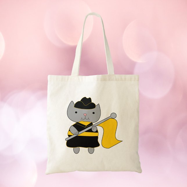 Tote Bag Garde de couleur Grise Chat Noir Jaune (A tote bag featuring a gray cat with black and yellow color guard uniform.)