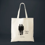 Tote Bag Gay Wedding Grooms with Names and Date<br><div class="desc">High fashion and tuxedo wearing grooms with names and date</div>