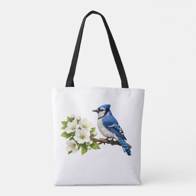 Tote Bag Geai bleu avec des fleurs blanches (Dos)