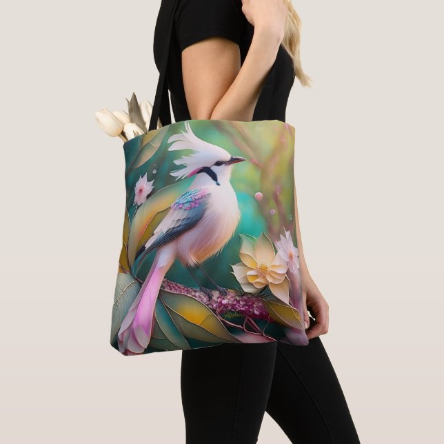 Tote Bag Geai fantaisie à queue rose et crête blanche (De près)