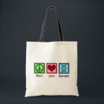 Tote Bag Geneticiste Peace Love Genetics Company<br><div class="desc">Peace Love Genetics. Un joli cadeau généticien avec un signe de paix cool,  un coeur et un brin d'ADN double hélice.</div>