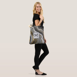 Tote Bag Géode moderne Gold & Grey Agate Monogramme