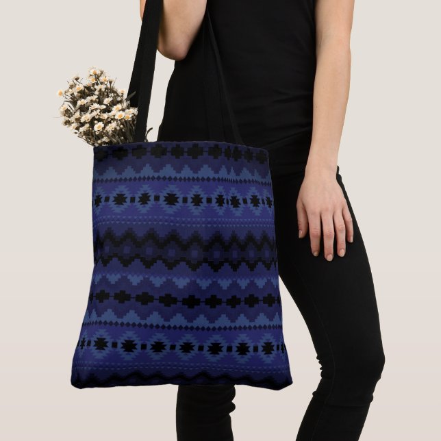 Tote Bag Géométrie Aztèque - Bleu (De près)