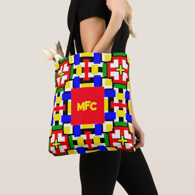 Tote Bag Géométrie rouge, jaune, noir, bleu et vert (De près)