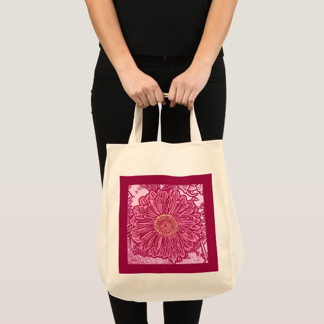 Tote Bag Gerbera Daisy Block Imprimer, Maroon et rose (Devant (produit))