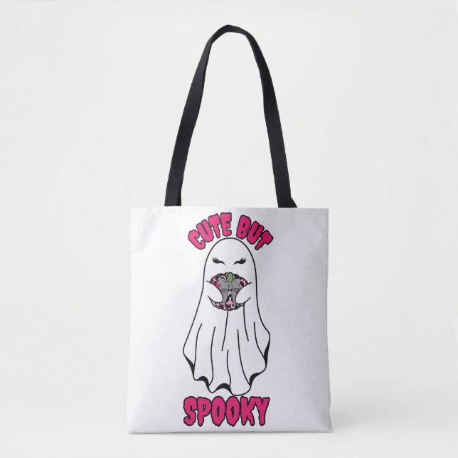 Tote Bag Ghost d'Halloween mignon mais Éffrayant tenant un  (Devant)