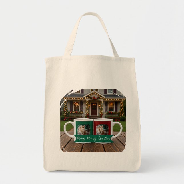 Tote Bag Ginger cat, Photo Text Customize ,Meowy Christmas, (Devant)