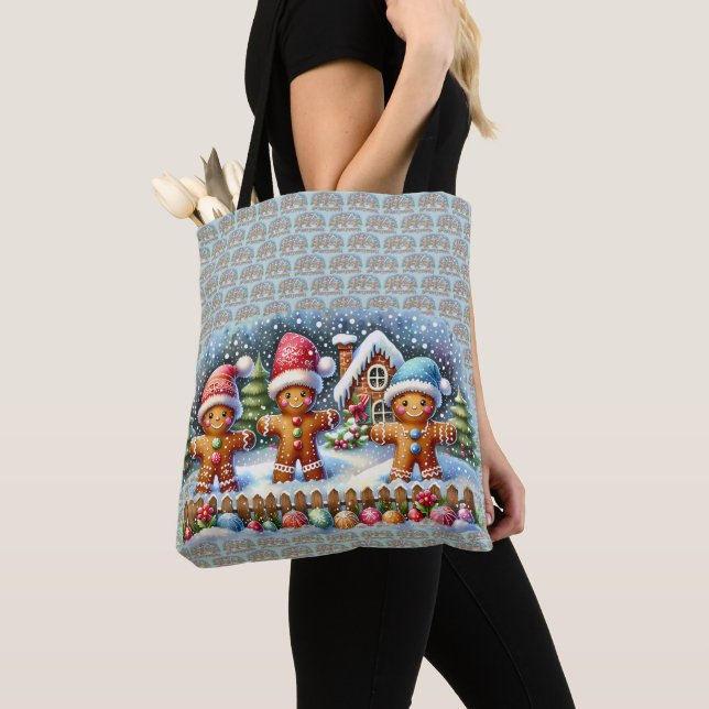 Tote Bag Gingerbread Family Snowy Christmas Scene (De près)