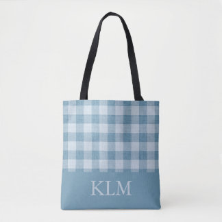 Tote Bag Gingham Bleu Poudre Monogramme Nom Personnalisé